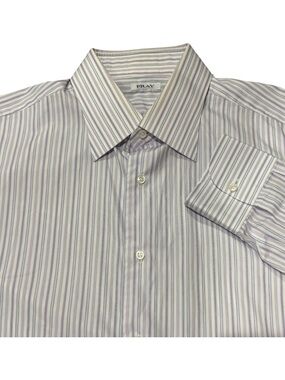 Fray Mens Italian Dress Shirt Size 44 17.5 in Purple Blue Stripe 100% Cotton